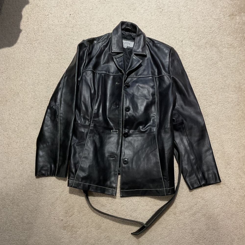 Wilsons Leather Maxima Black Jacket White Contrast Stitch Belted Mens XL